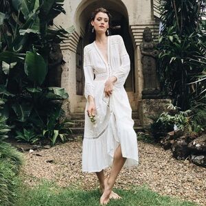 Bohemian White Long Sleeve Midi Dress